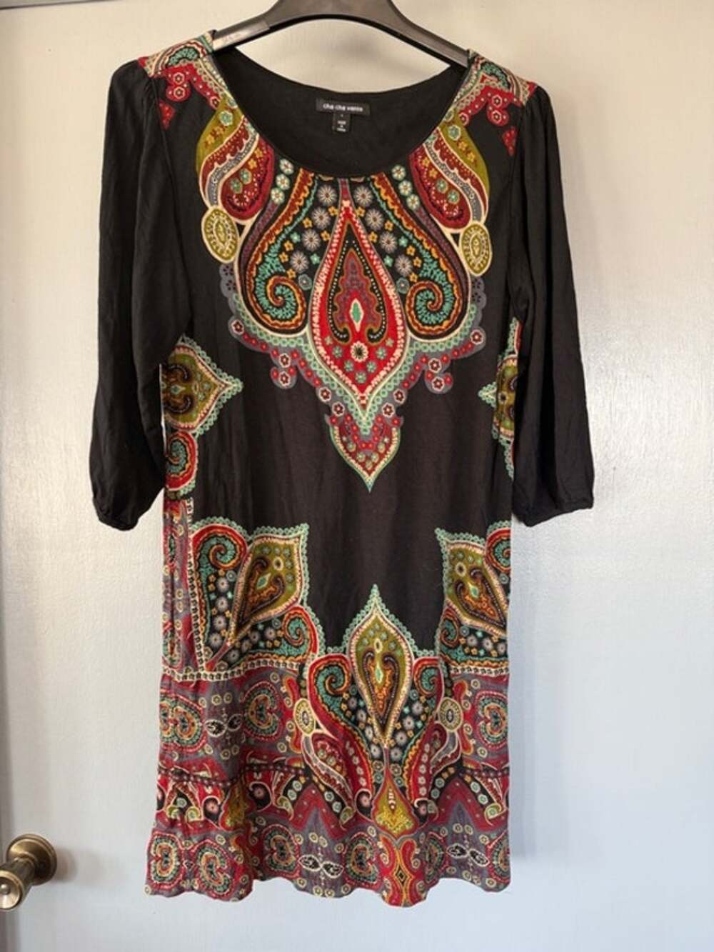 Renaissance Cha Cha Vente Black Floral Paisley Tunic Top 3/4 Sleeves sz L